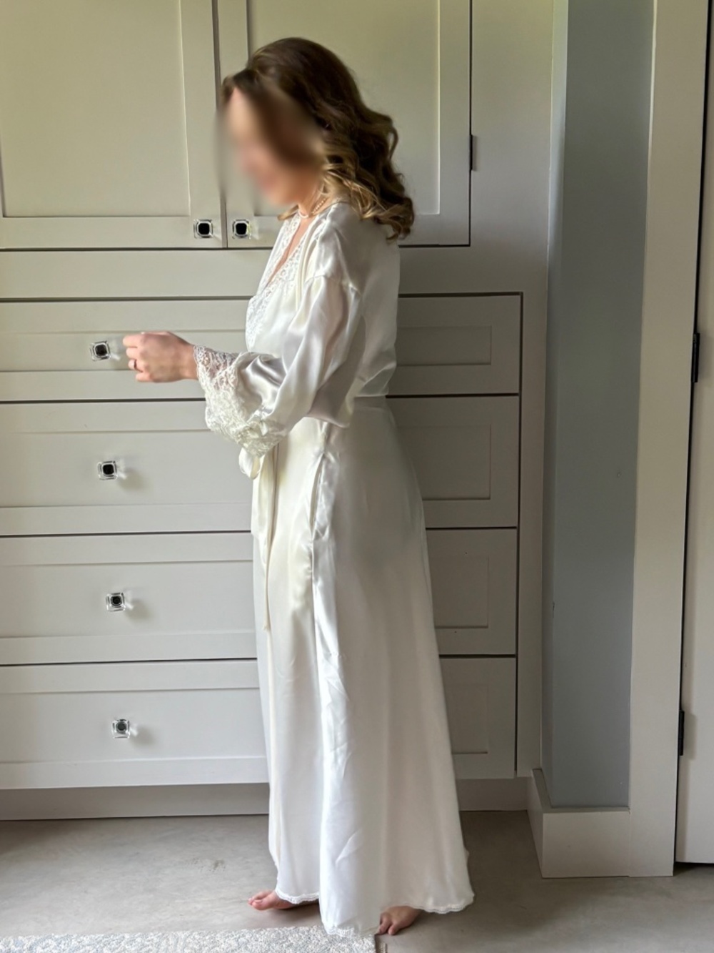 Vintage Christian Dior Ivory Satin Robe with Lace Trim & Pearl-Detail Bows